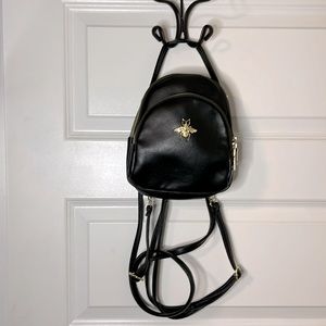 Faux Leather Mini Backpack with Bee Black